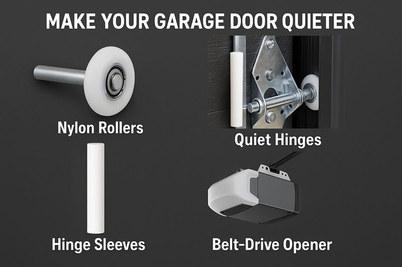 Garage door maintenance using nylon rollers quiet hinges hinge sleeves and belt drive opener for smooth quiet operation